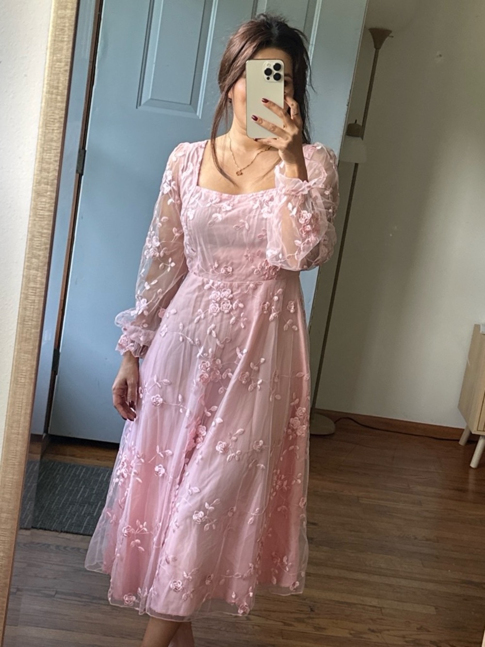 Elegant Pink Embroidered Midi Dress size S